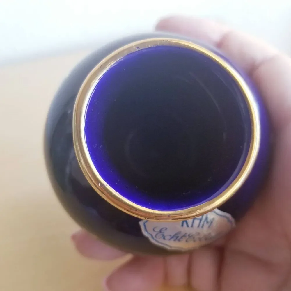 KHM Bavaria Echt Cobalt Vase With Gold Trim, Tiny Vase, Miniature Vase,